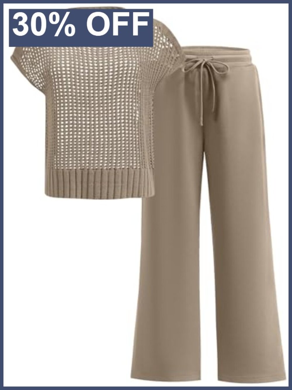 Crochet Sheer Knit Sweater Top Wide Leg Pants Lounge Matching Set